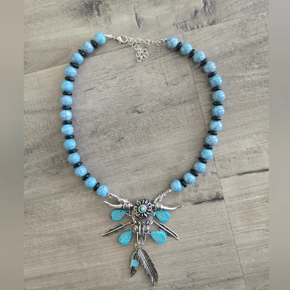 Ox Cow Skull Dangle Feathers Necklace Silver Blue/Black Beads Western Cowgirl - Picture 3 of 7